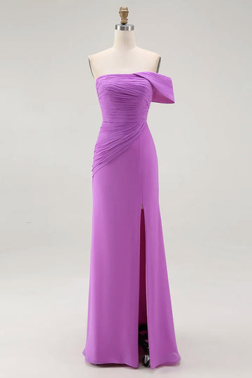 One Shoulder Purple Ruched Sheath Long Formal Dress with Slit